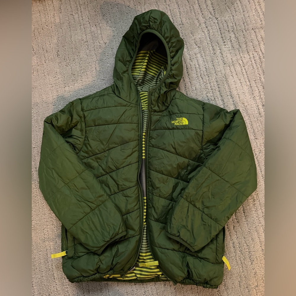 The North Face Olive Green and Yellow Striped Hooded Jacket